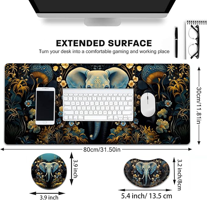 Large Mouse Pad with Mouse Wrist Rest 31.5x11.8 in Extended Mouse Mat with Non-Slip PU Base Ergonomic Memory Foam Wrist Rest for Work &amp Gaming Writing Pad Flowers Ornate Elephant Office Desk P