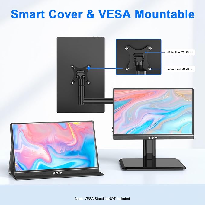 KYY Portable Monitor for Laptop 14 FHD 1080P Travel Monitor USB-C &amp HDMI Computer Gaming Screen with VESA Mount &amp Smart Cover Dual Speakers for Mac PC Phone Xbox PS5 Switch