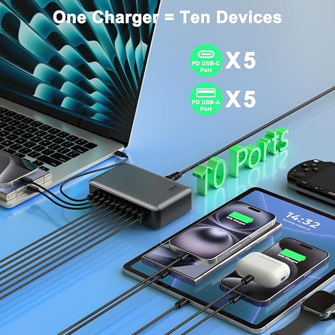 USB C Fast Charger Block USB Charging Station 540W PD 100W Laptop Charger GaN Charging Block 10 Port Multi Port Charer Hub Compatible with LaptopMacBookiPadiPhoneSamsung GalaxyDell