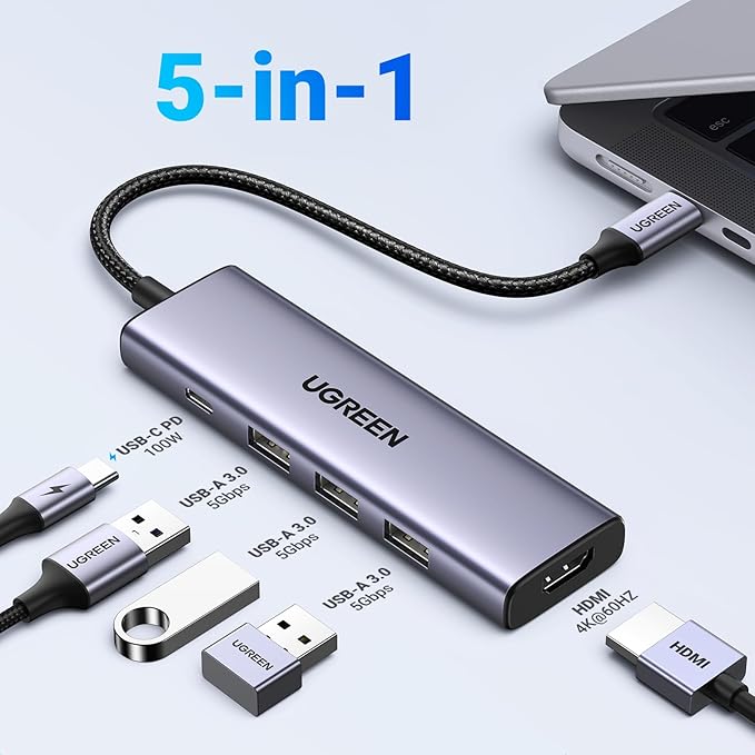 UGREEN USB C Hub 5-in-1 USB-C Hub with 4K@60Hz HDMI 100W Power Delivery 3 USB-A 3.0 Data Ports USB C Dock Adapter for MacBook Pro/Air iPad Pro Mac Mini Surface XPS Thinkpad Galaxy and More