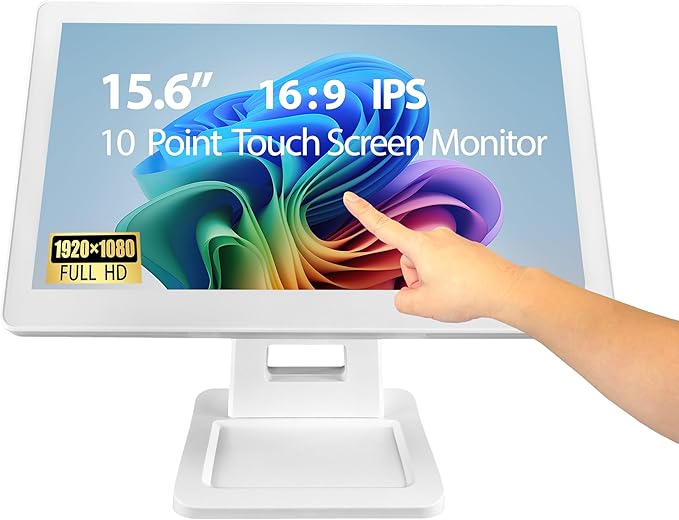 ANGEL POS 15.6 Inch 1920 x 1080 FHD IPS Touchscreen POS Monitor with Metal Stand 10 Points Touch HDMI VGA Waterproof Dustproof Screen 1080P Indusitrial Office Retail Gym Warehouse (White)