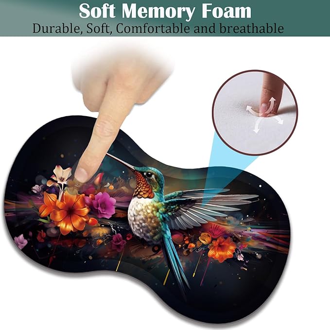Large Game Mouse Pad + Wrist Support Pad + Coffee Coaster Desk Pad with Sewn Edges Anti-Slip Set pad Suitable for Office Work and Home - Colorful Hummingbird with Flower