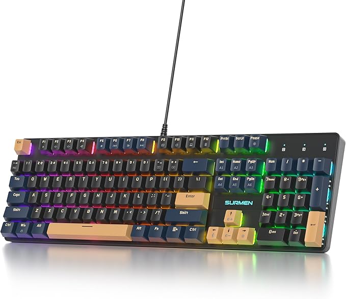 surmen Full Size Creamy Keyboard with Number Pad 104 Keys RGB Wired Mechanical Gaming Keyboard Backlit with PBT Keycaps Linear Red Switch for Laptop Desktop PC Gamers（104 Blue Samurai B）