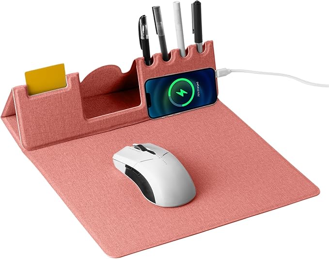 Mouse Pad with Phone Holder &amp Pen Holders Wireless Charging Desk Mat Mousepad Home Office Desk Pad with Ultra-Smooth Surface Non-Slip Base Waterproof Keyboard Pad Classic Pink Desk Mat