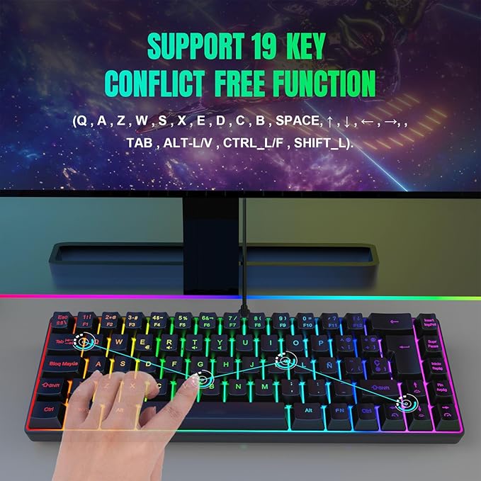 Yunir Mechanical Gaming Keyboard68 Keys Wired Mechanical KeyboardRGB Backlight Ergonomic Mechanical Gaming Keyboard for Wins 2000 7 8 10 VistaSupport Spanish Language Only
