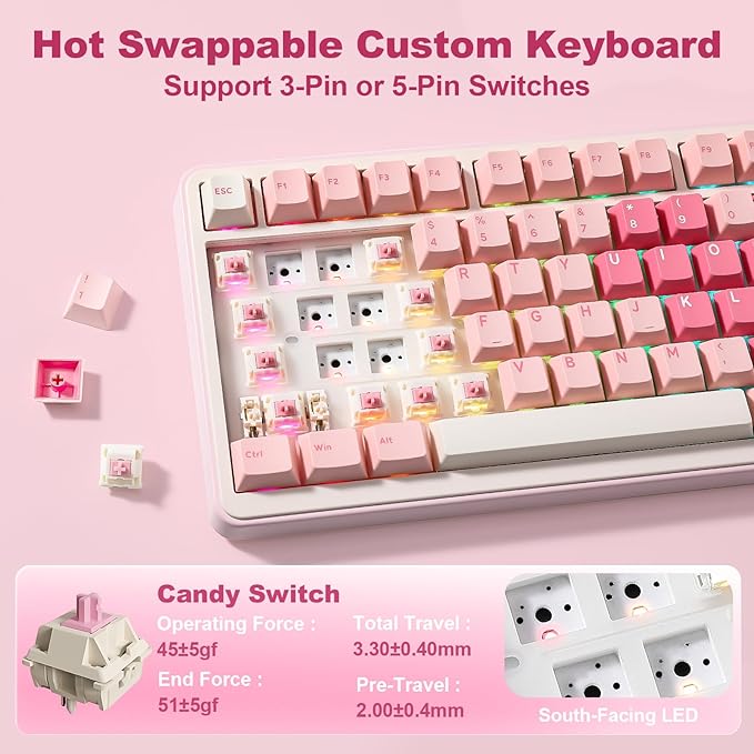 YUNZII B75 PRO MAX QMK/VIA Wireless Mechanical Keyboard75% Layout with Screen and KnobCustom Hot Swap GasketCreamy Pre-lubed SwitchesBluetooth/Type-C/2.4G for Win/Mac (Pink HeartCandy Switch)