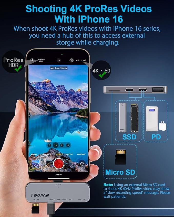 USB C iPhone Hub for ProRes Video Recording - Ultra-Slim Aluminum USB 3.2 Dual USB-C Micro SD and Charging Port Hub for iPhone 17/16/15 Pro/Pro Max