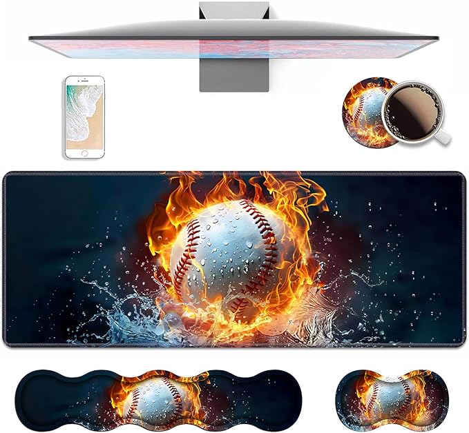 4 in 1 Ergonomic Keyboard Wrist Rest &amp Mouse Pad Wrist Rest Set Large XXL Gaming Desk Mat 31.5x 11.8 with Non-Slip Base Memory Foam for Home Office Study Gaming Burning Baseball Fire and Wate