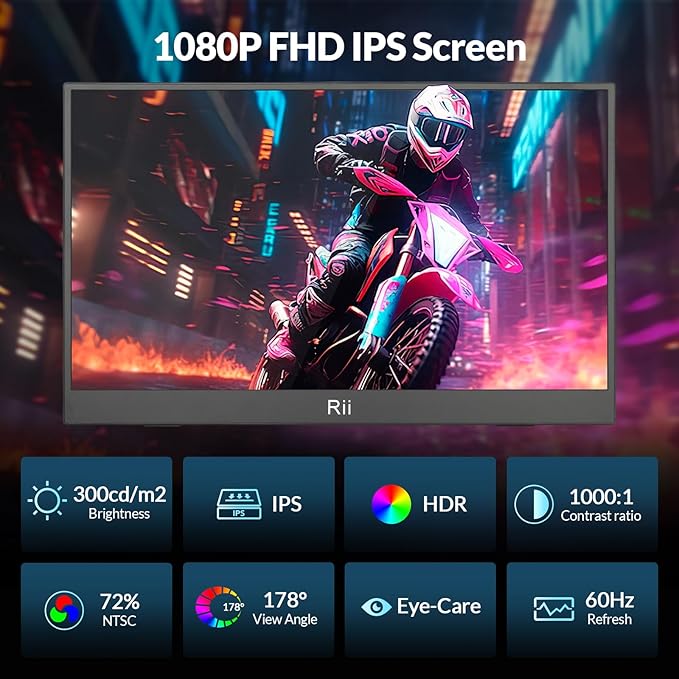 Rii Portable Monitor 15.6 inch 1080P FHD IPS Display with Cover Ultra-Slim USB-C HDMI Eye Care External Second Screen for Laptop/PC/Phone/Mac/Xbox/Switch/PS4/PS5 (with Cover 15.6 1080P)