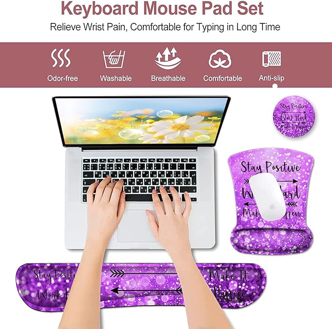 Mouse Pad with Wrist Support Ergonomic Gel Mousepad Memory Foam Keyboard Wrist Rest Suitable for Office TypingGames Desktop Decoration Stay Positive Work Hard and Purple Glitter Graphic for Women