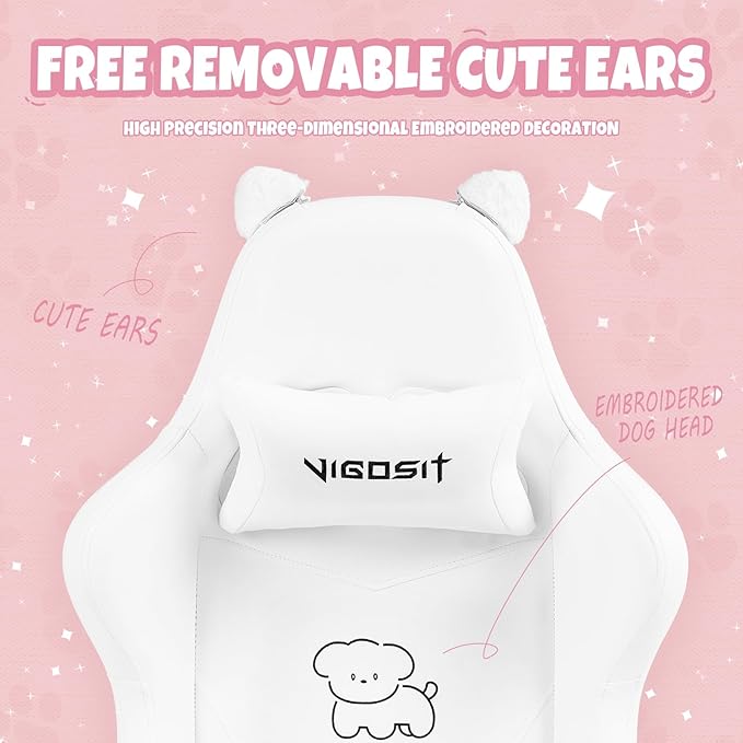 Cute Cat Ears Gaming Chair Girly Ergonomic Computer Chair with High Back 360° Swivel Office Computer Chair with Footrest and Paw Lumbar Cushion for Teens Girls Women (White)
