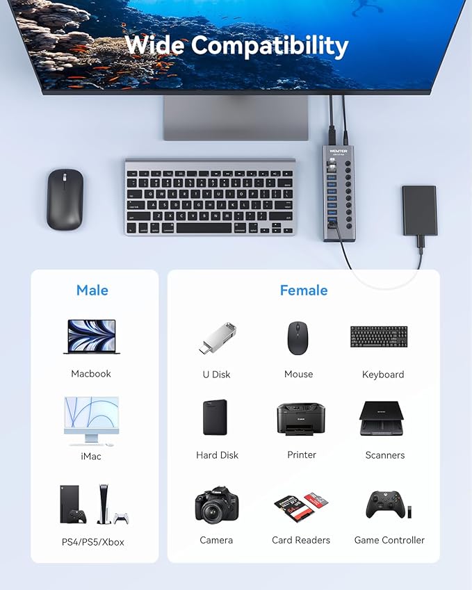 Powered USB 3.0 Hub Wenter 10 Ports 36W Powered USB Hub Aluminum USB Splitter with Individual On/Off Switches SD/TF Card Readers and 12V/3A Power Adapter for PC/Laptops/MacBook Pro/Air/iMac/iPad