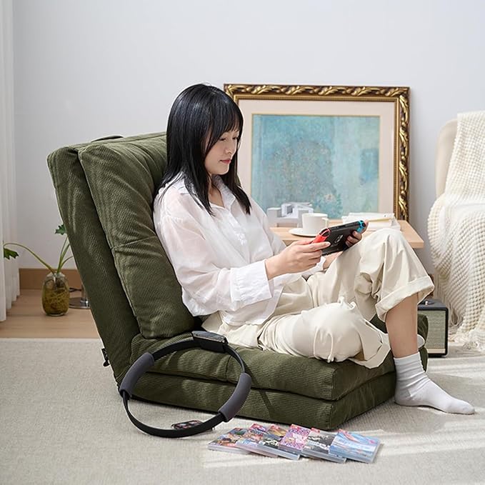 ELEFOCUS Floor Folding ChairAdjustable Lazy Sofa Bedwith Back Support for Reading Resting Gaming Black- Large(GreenMedium)