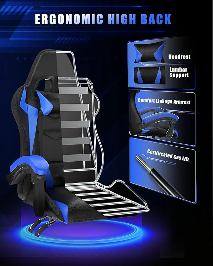 Gaming Chair with RGB LED Lights Ergonomic Computer Chair with Headrest and Lumbar Support PU Leather High Back Height Adjustable Swivel Video Game Chairs for Adults(Blue)
