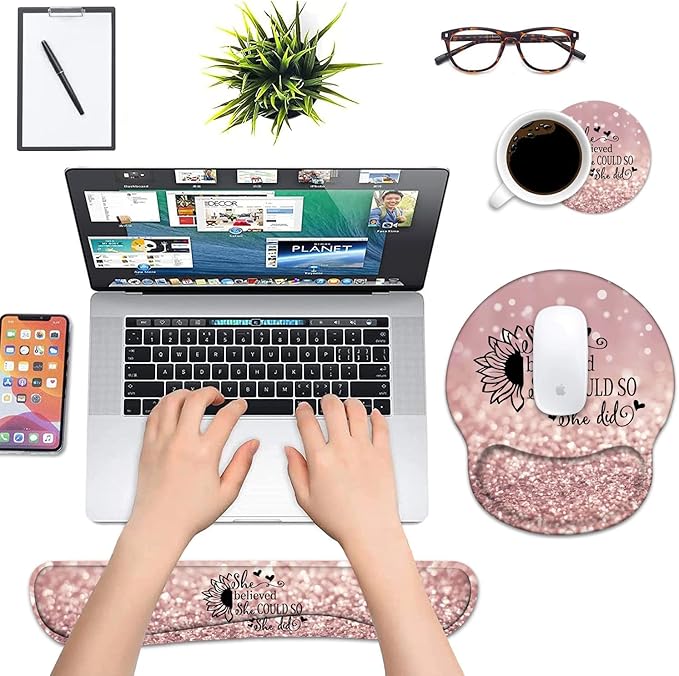 Keyboard Wrist Rest and Mouse Pad Wrist Support Set with Coasters She Believed She Could So She Did Inspirational Quote Wrist Mouse Pad with Non-Slip PU Base for Home Office Working Studying
