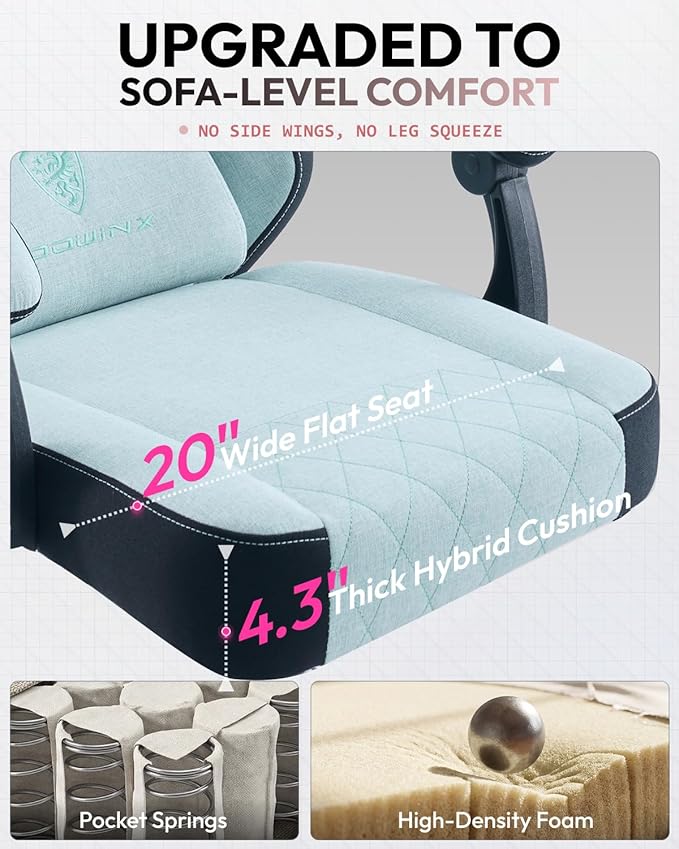Dowinx Gaming Chair Fabric Gaming Chairs for Adults with Pocket Spring Cushions and Lumbar Support Ergonomic Massage Computer Chair with Footrest for Big and Tall Aqua