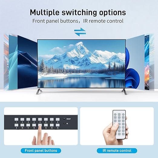 16 Port HDMI KVM Switch 4K@60Hz 2K@144Hz USB Rack Mount KVM HDMI Switch w/16 Pcs Cables Support RGB 4:4:4 HDCP 2.2 3.5mm Audio 4 USB 2.0 IR Remote