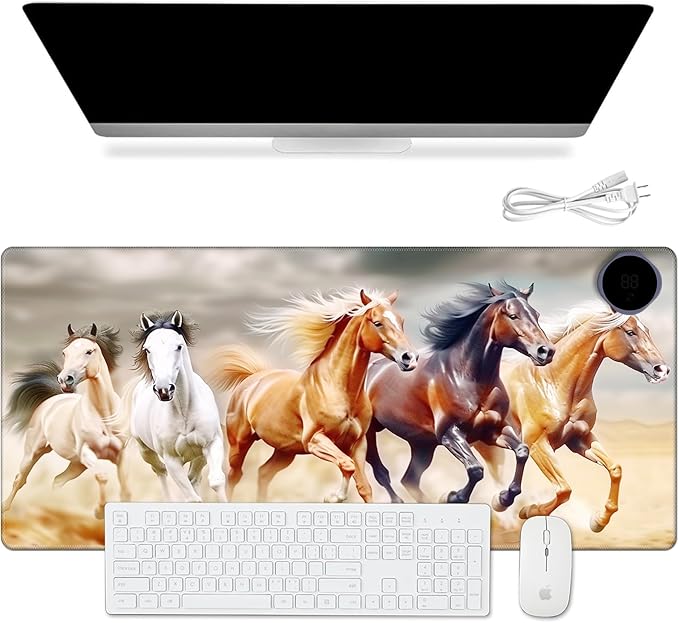 Warm Desk Pad Warm Mouse Pad Gaming Office Desk Matwith 3 Levels Heated &amp 3 Hours Auto Shut - 31.5 x 13 inch PU Leather Laptop Keyboard Mat for Home Office Hand WarmerCute Horse -277