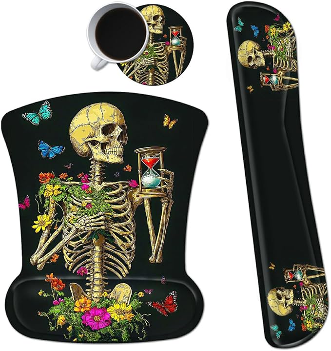 Ergonomic Mouse Pad with Wrist Support Gel Mousepads and Upgrade Keyboard Wrist Rest Pad Set Coasters Non-Slip PU Base Mouse Mat for Office Gaming Computer Laptop Flower Butterfly Skull