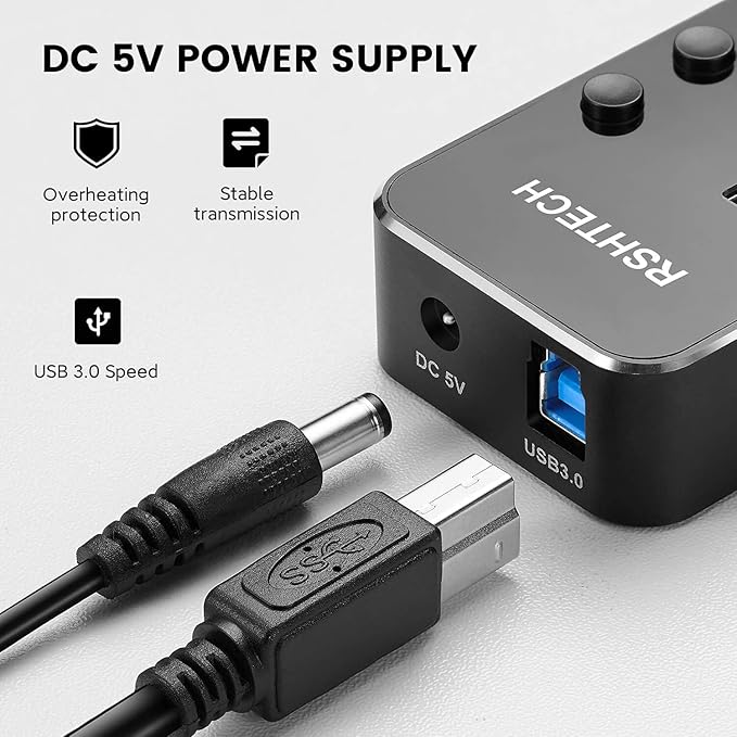 USB 3.0 Hub RSHTECH 7 Port Powered USB Hub Expander Aluminum USB 3.0 Data Port hub with Universal 5V AC Adapter and Individual On/Off Switches USB Splitter for Laptop and PC(Black)