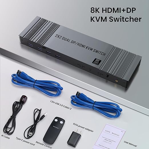 8K@60Hz HDMI+DP KVM Switch with 4-Port USB 3.0 Hub Dual HDMI Monitor KVM Switch for 2 Computers Supports Extended/Copy Mode Keyboard &amp Mouse Sharing Includes USB Cables &amp Remote Controller