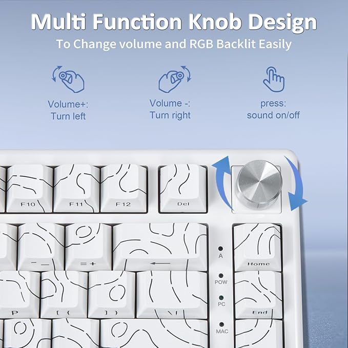 HUO JI 75% Wireless Mechanical Gaming Keyboard Bluetooth/2.4G/USB Wired Creamy Sound RGB Backlit Hot Swappable Pre-lubed Linear Switches Volume Knob Custom Gasket Structure for Win/Mac White