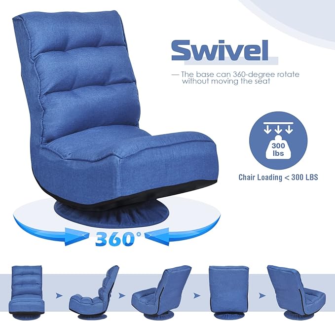 COSTWAY Folding Floor Chair Adjustable 5-Position Video Gaming Chair with 360 Degree Swivel Detachable Cover Padded Backrest Multipurpose Living Room Floor Lounger for TV Reading Playing (Navy)