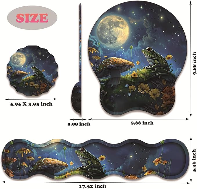 3 in 1 Keyboard Wrist Rest + Mouse Pad and Coaster Ergonomic Gel Mouse Pad and Keyboard Pad Set Comfortable Lightweight for Easy Typing Pain Relie Frog Mushroom