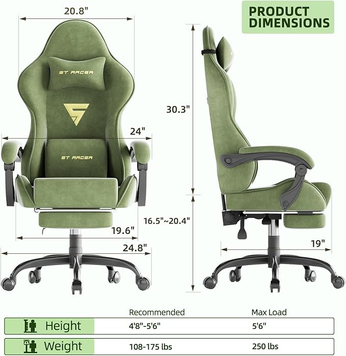 Ferghana Velvet Fabric Ergonomic Gaming Chair with Footrest and Massage High Back Reclining Computer Gamer Chair for Adult Racing Style PC Video Game Chair Suitable for Home Office (Green)