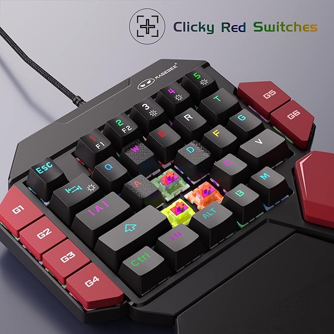MageGee One Handed Professional Gaming Keyboard RGB Backlit 35 Keys Mini Wired Mechanical Keyboard with Red Switch for PC Gamer Support 6 Macro Keys - Black/Red