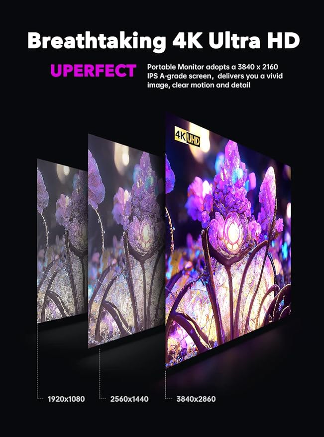 UPERFECT 17.3'' 4K Portable Monitor QLED 500 Nits 100% DCI-P3 UHD FreeSync HDR 2 Speakers Eye Care Travel Monitor 2 Fully Functional Type-C Port &amp HDMI for Laptop PC Phone VESA &amp Stand