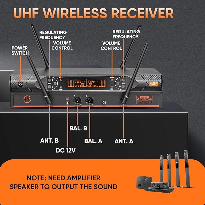 Wireless Microphone System Metal Dual UHF Cordless Handheld Dynamic Karaoke Mic Set Auto Scan Long Range 200ft for Home Karaoke Singing DJ Party Church Wedding Speech (UM203)