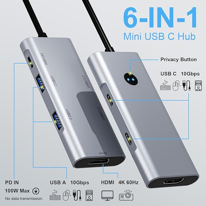 USB C Hub 6-in-1 with 4K@60Hz HDMI 2 USB-C &amp 2 USB-A 10Gbps Ports Privacy Button 100W PD – Dual USB C Dongle for Mac Laptops Tablets Windows Laptops and More USB-C Devices