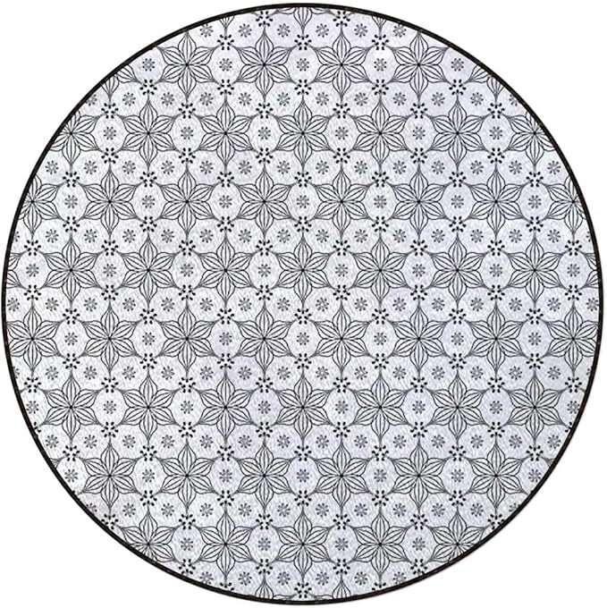 White Black Gaming Chair Mat for Hardwood Floor Anti-Slip Floor Protector Game Controller Rubber Gaming Computer Chair Mat Ancient Oriental Damask Pattern Floral Diameter 35.4 in