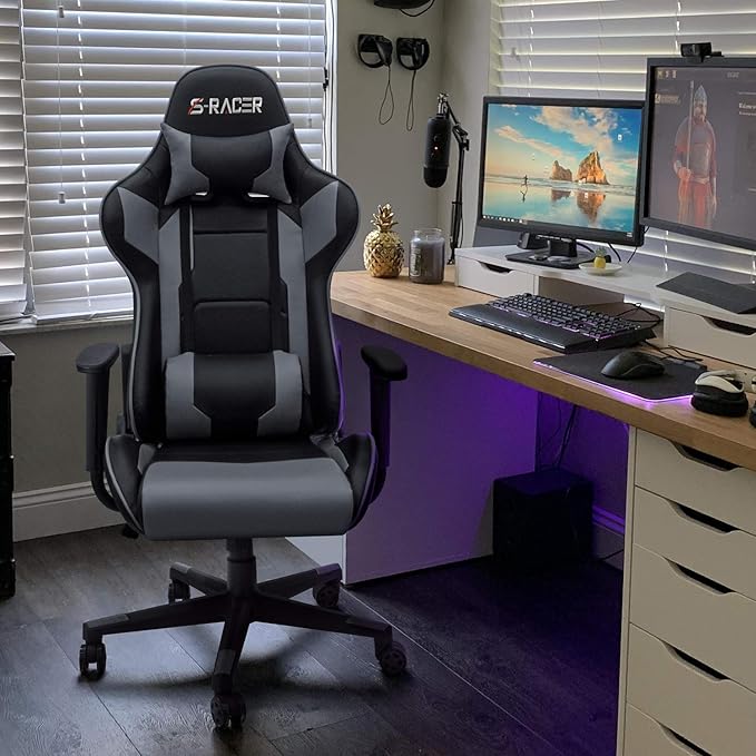 Homall Gaming Chair Office Chair High Back Computer Chair Leather Desk Chair Racing Executive Ergonomic Adjustable Swivel Task Chair with Headrest and Lumbar Support (Grey)