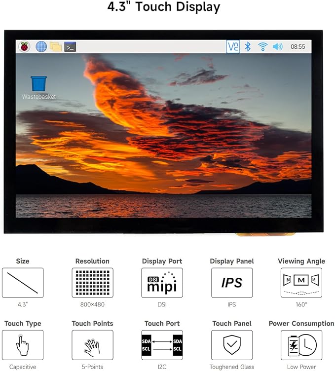 waveshare 4.3inch Capacitive Touch Display Compatible with Raspberry Pi 5/4B/3B+/3A+/3B/2B/B+/A+/CM3/3+/4 800×480 Resolution IPS Wide Angle MIPI DSI Interface