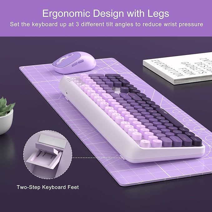 MageGee V920 Wireless Keyboard and Mouse Combo 2.4G Full-Sized Retro Typewriter Keyboard with Round Keycaps &amp Auto-Sleep Mode Cute Computer Keyboard and Cordless Optical Mouse for Laptop/PC (Pur
