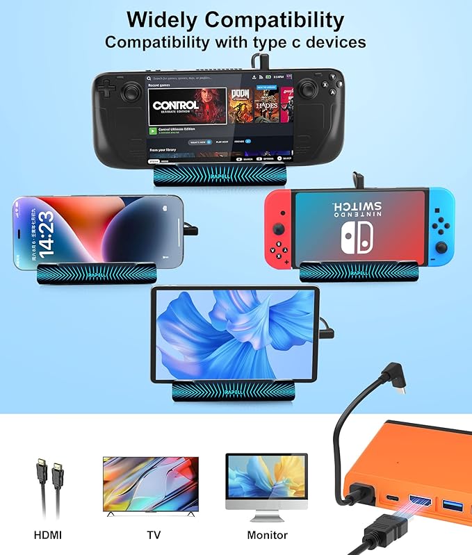 4K@60Hz 6-in-1 Docking Station Compatible with Steam Deck with HDMI 2.0 4 USB-A 3.0 and Full Speed Charging USB-C Port