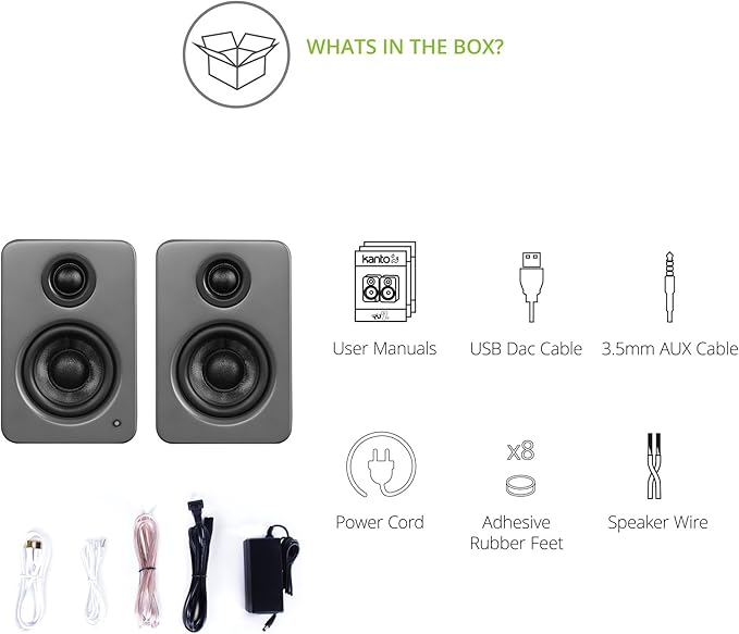 Kanto YU2MG PC Gaming Desktop Speakers | 3 Composite Drivers | 3/4 Silk Dome Tweeter | Class D Amplifier | 100 Watts | Built-in USB DAC | Subwoofer Output | Pair | Matte Grey
