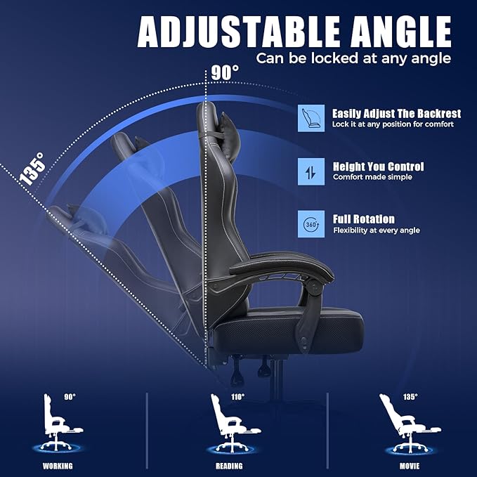 GTPLAYER Gaming Chair Recliner Chair with Headrest &amp Lumbar Support Linkage ArmrestErgonomic Gaming Chair 350lbs High Back Office Home Black