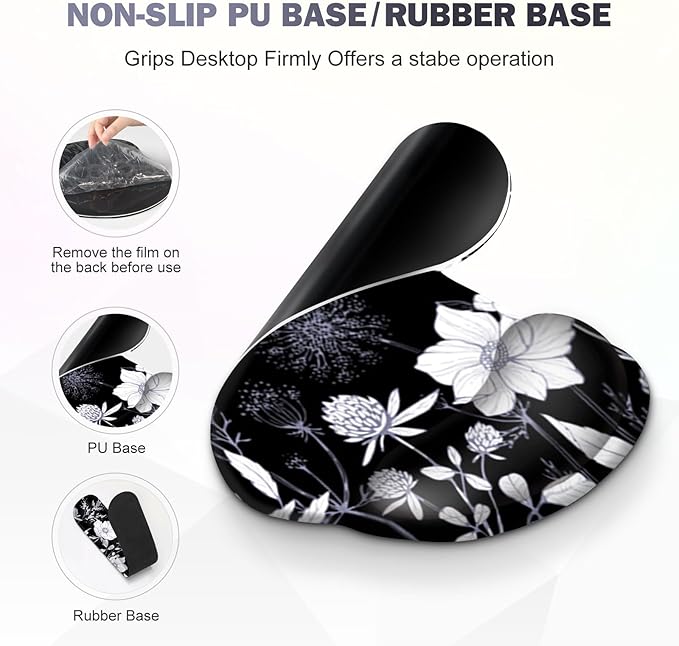 Gaming Mouse Pad Large Desk Mat Cute Desk Pad Protector 4in1 XXL Mousepad + Keyboard Wrist Rest+Mouse Wrist Rest+Coaster Set with Ergonomic Desk Pad for Home Office PC Computer Black White Flowers