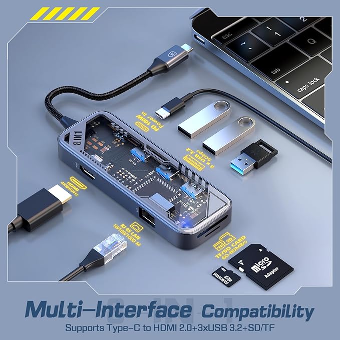 MicroPack USB C Hub 8-in-1 with 100W PD Charging 4K@60Hz HDMI Gigabit Ethernet 3 USB 3.2 5Gbps SD/TF Card Reader Aluminum USB-C Multiport Adapter for MacBook Pro/Air iPad Laptop