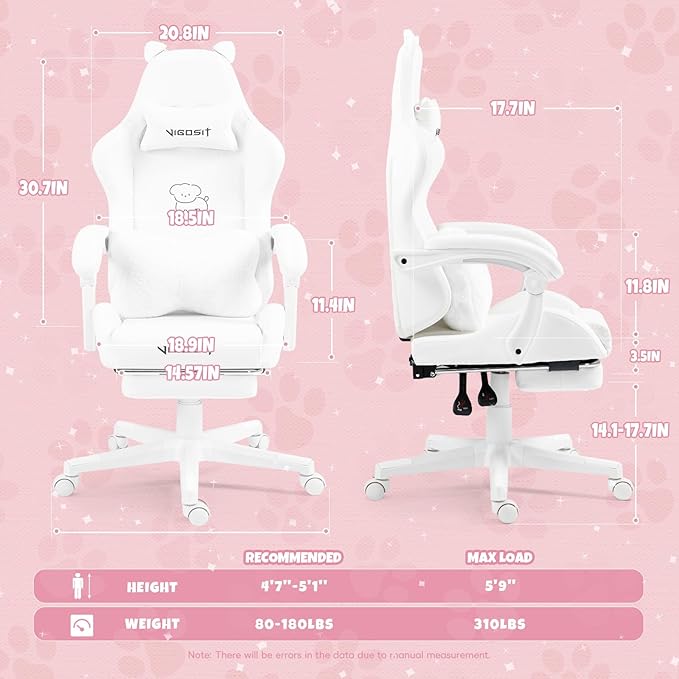 Cute Cat Ears Gaming Chair Girly Ergonomic Computer Chair with High Back 360° Swivel Office Computer Chair with Footrest and Paw Lumbar Cushion for Teens Girls Women (White)