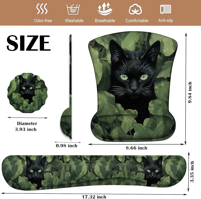 Keyboard Wrist Rest and Mouse Pad Wrist Support with Lace-Shaped Coaster Set Ergonomic Gel Memory Foam and Anti-Slip Base Easy Typing and Pain Relief - Black Cat