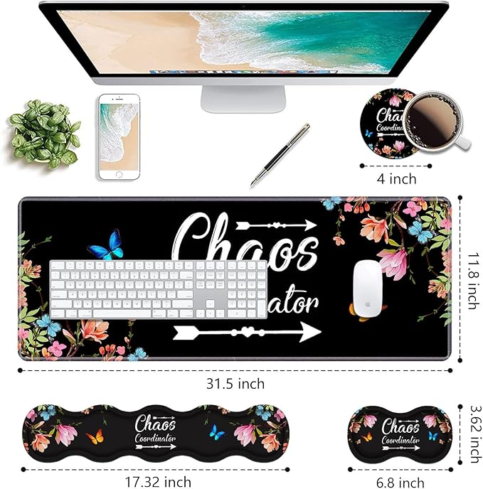 Ergonomic Keyboard Wrist Rest &amp Mouse Pad Wrist Rest Set Chaos Coordinator Quote Vintage Watercolor Floral Large Gaming Desk Mat 31.5x 11.8 with Memory Foam Easy Typing Pain Relief for Home Of