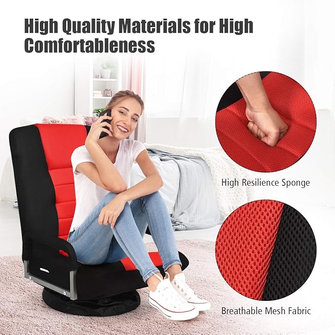GOFLAME Swivel Gaming Floor Chair 360 Degree Folding Chair with Adjustable 6-Position Backrest and Armrest Lazy Sofa Lounger for TV Reading Playing Video Games (Black/Red)