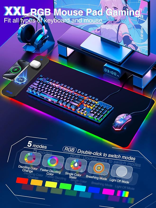 Magnetic Charging Mouse Pad 31.5x15.75 15W Fast Wireless Charging Desk Mat XXL Desk Pad RGB Gaming Mousepad Home Office Large Keyboard Pad with Ultra-Smooth Surface Non-Slip Base