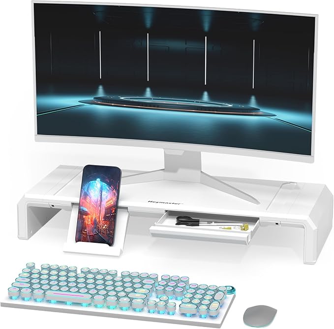 Heymaster Monitor Stand Riser Foldable Computer Monitor Riser Adjustable Length Computer Stand Desk Shelf Riser with Storage Drawer &ampTablet Phone Stand for Desktop Laptop