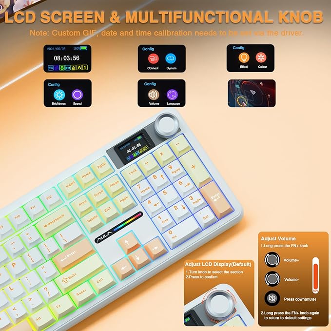 AULA F108 PRO - Wireless Mechanical Keyboard with Screen&ampKnobHot Swappable Gaming Keyboard with 8000mAh BatteryPre-lubed SwitchesRGB BacklitPBT Keycaps Creamy Sounding Computer Keyboards104 K