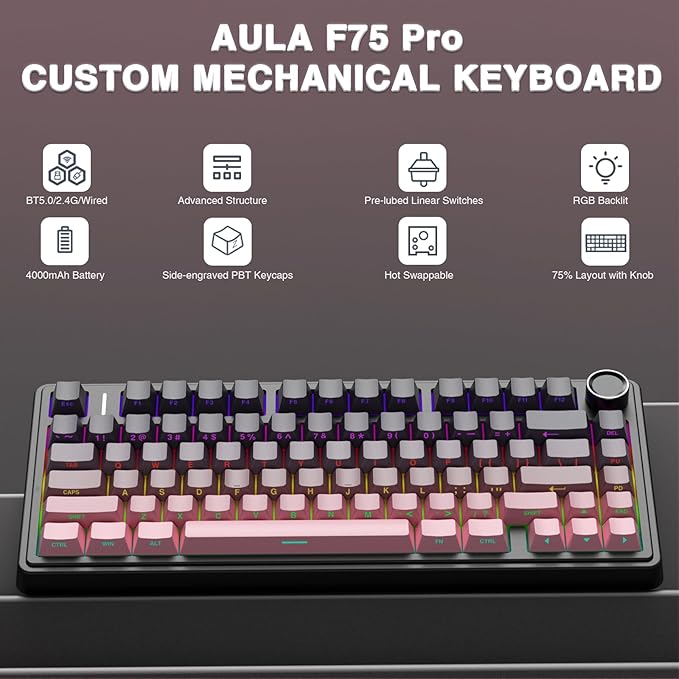 AULA F75 Pro Wireless Mechanical Keyboard75% Hot Swappable Custom KeyboardRGB BacklitPre-lubed Reaper SwitchesSide Printed PBT Keycaps Mechanical Gaming Keyboards Pink&ampBlack